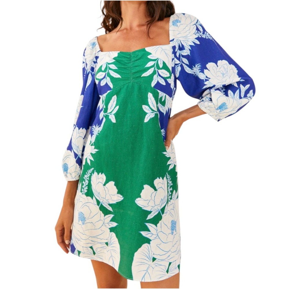 NWT Farm Rio Soft Garden Linen-Blend Floral‎ Mini Dress Blue Green White XXS